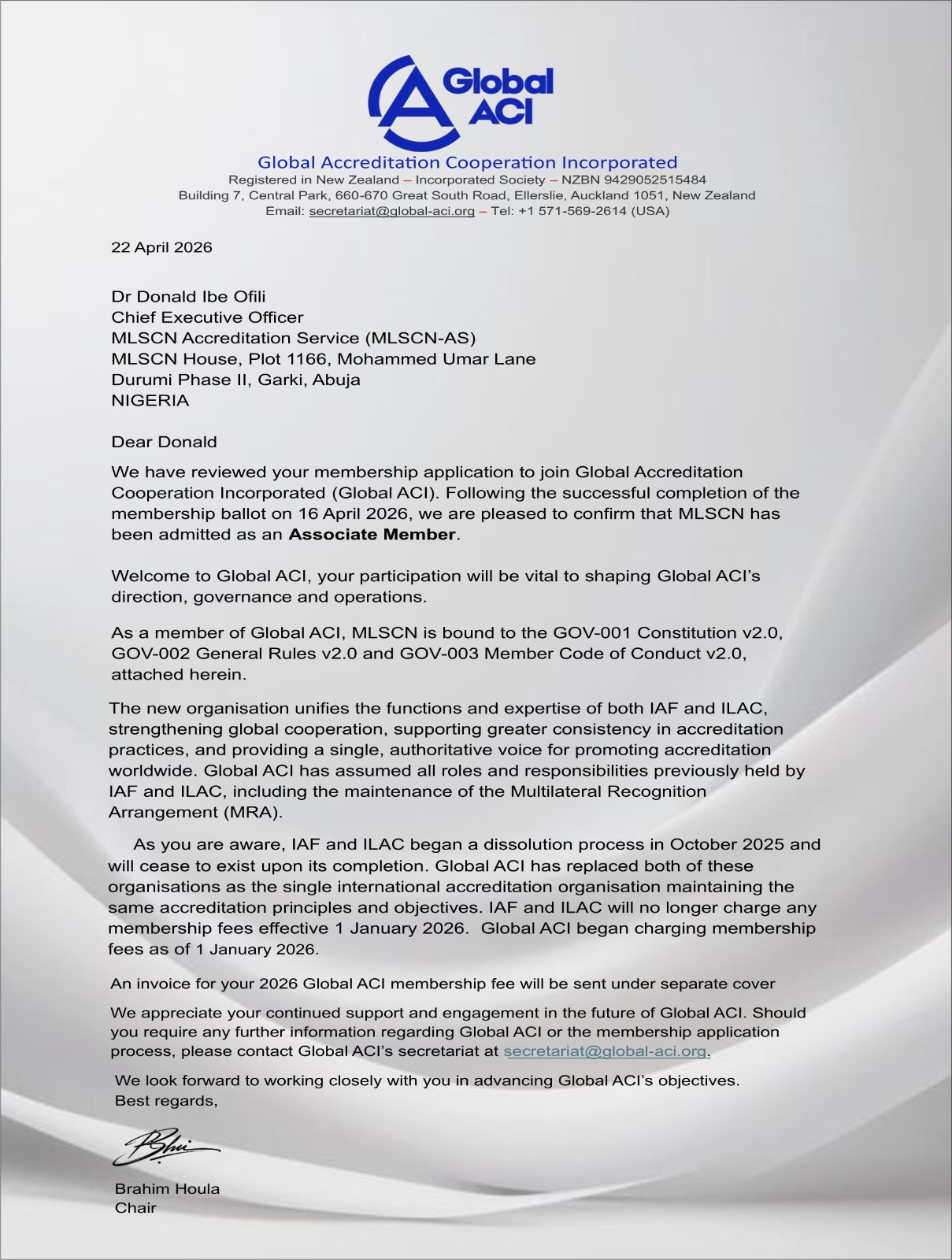 MLSCN-AS admitted into Global Accreditation Cooperation Incorporated